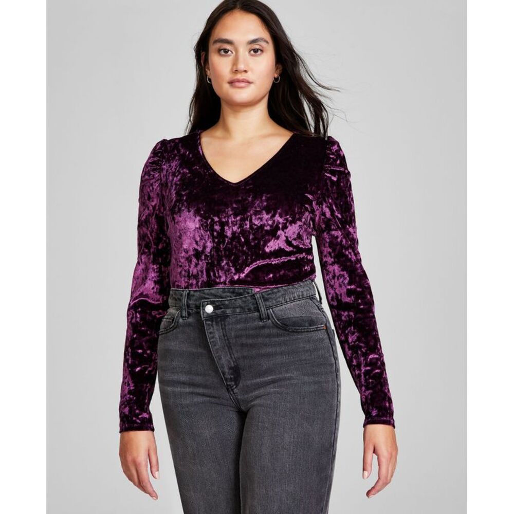 And Now This Women's Puff-Shoulder V-Neck Velvet Bodysuit
